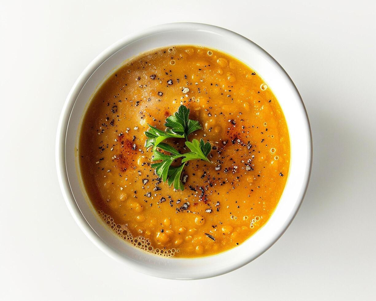 a bowl of soup with a garnish of parsley photo