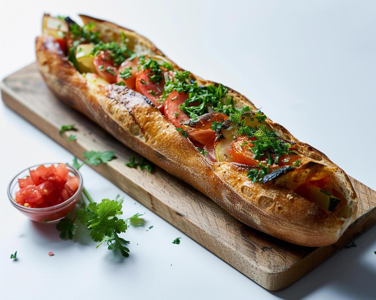 a long sandwich with tomatoes and herbs on a wooden board photo