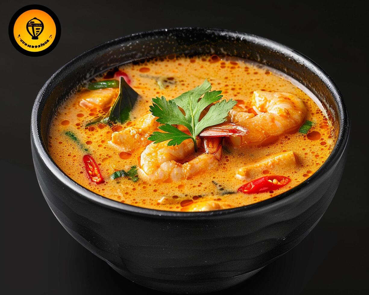 a bowl of curry with shrimp and vegetables photo