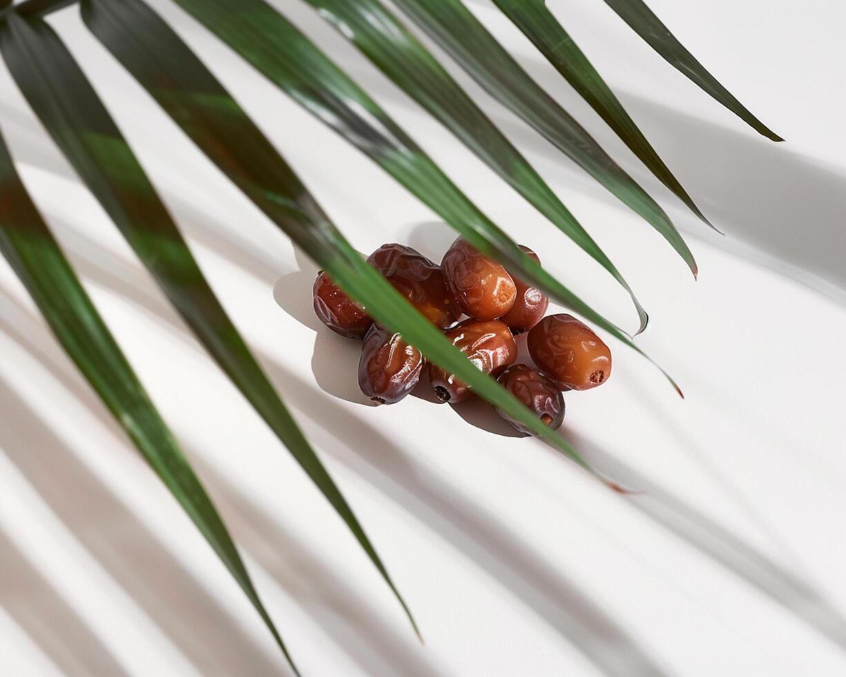 dates on a white surface with green leaves photo