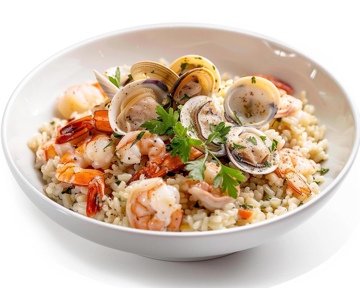 a bowl of rice with clams and shrimp photo