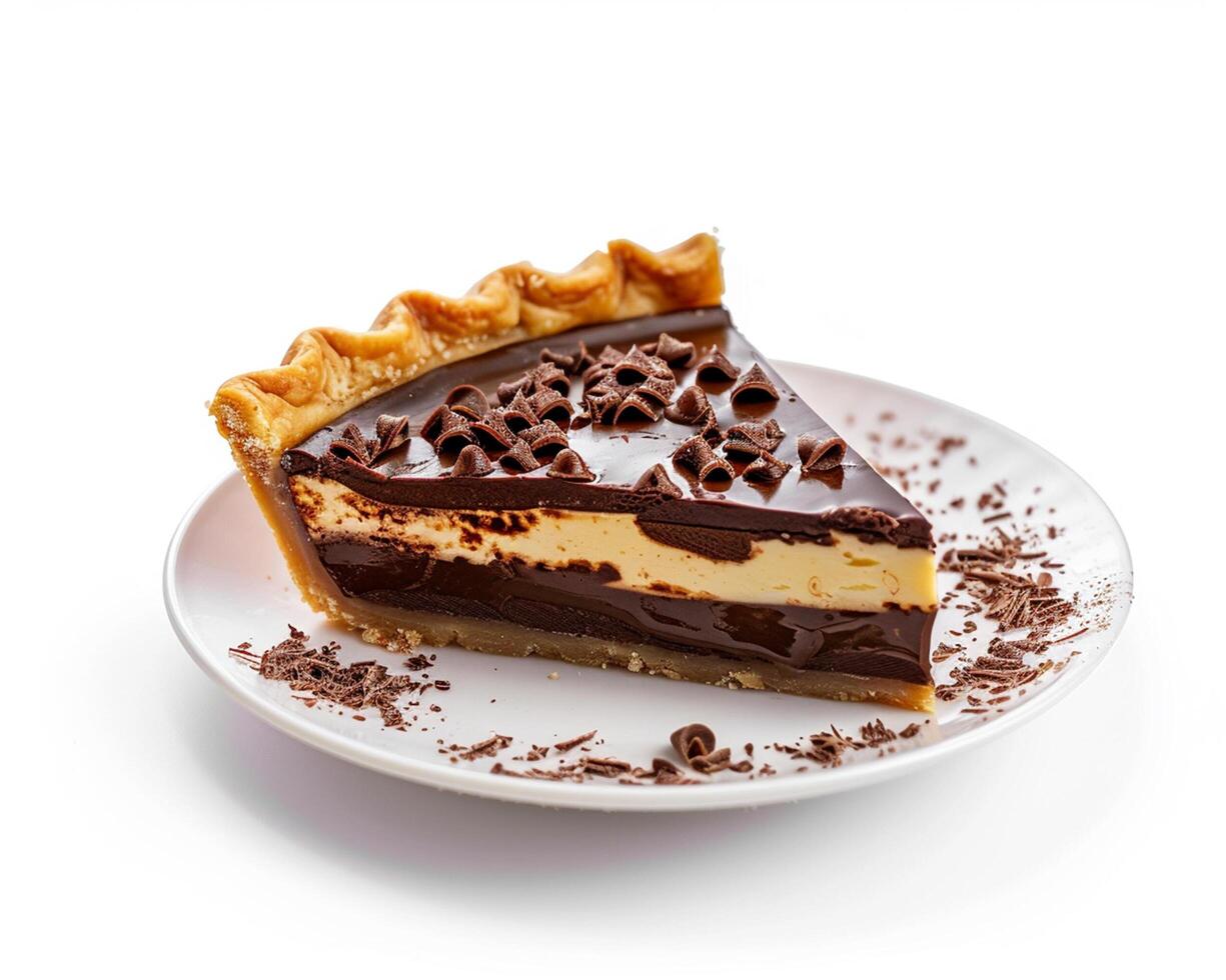 a slice of chocolate and peanut butter pie on a plate photo