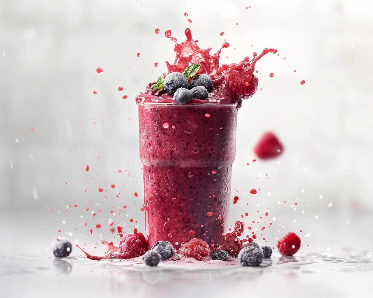 a smoothie with berries and raspberries is splashing on the table photo