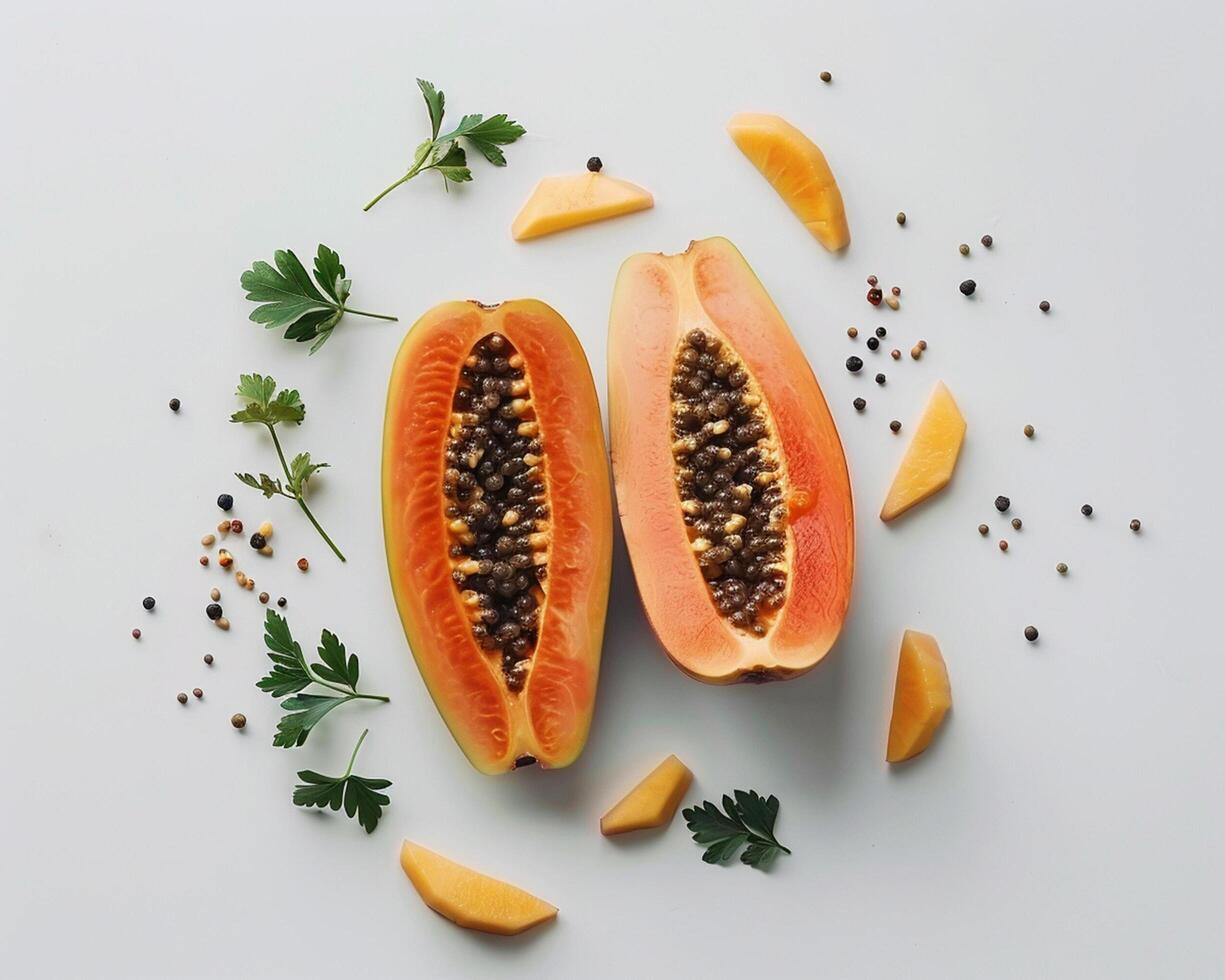 papaya with seeds and herbs on white background photo