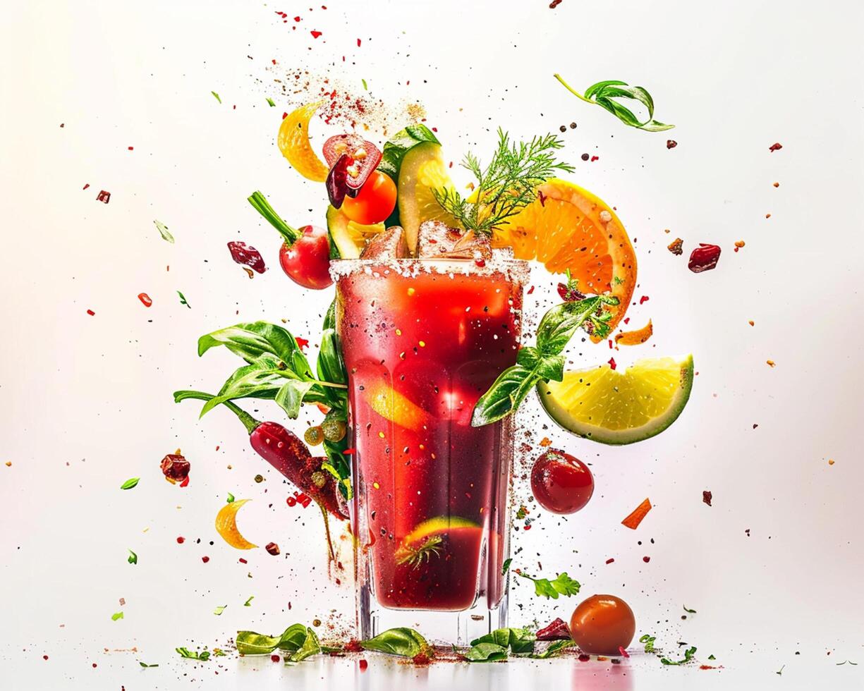 a bloody drink with a splash of juice and vegetables photo