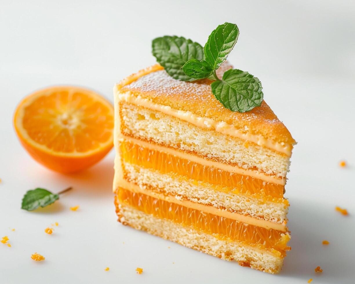 Slice of Orange Cake with Mint Leaves photo