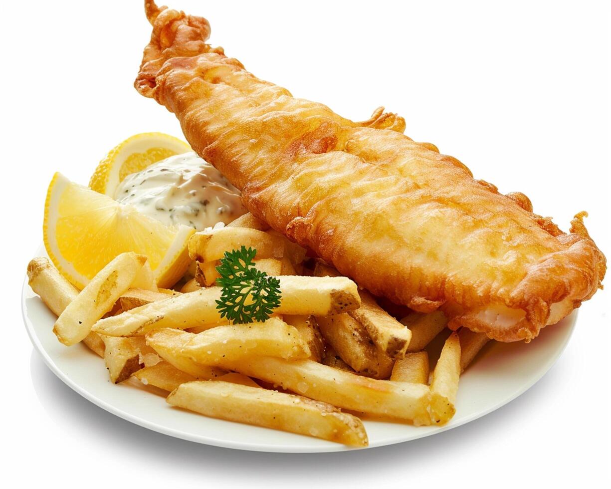 fish and chips with lemon and parsley photo