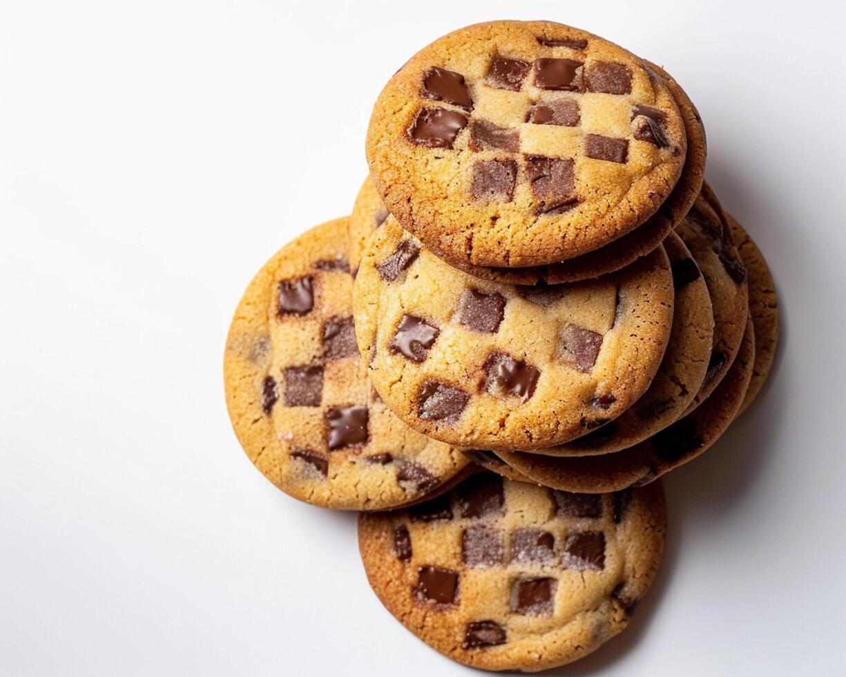 a pile of cookies with chocolate chips on top photo