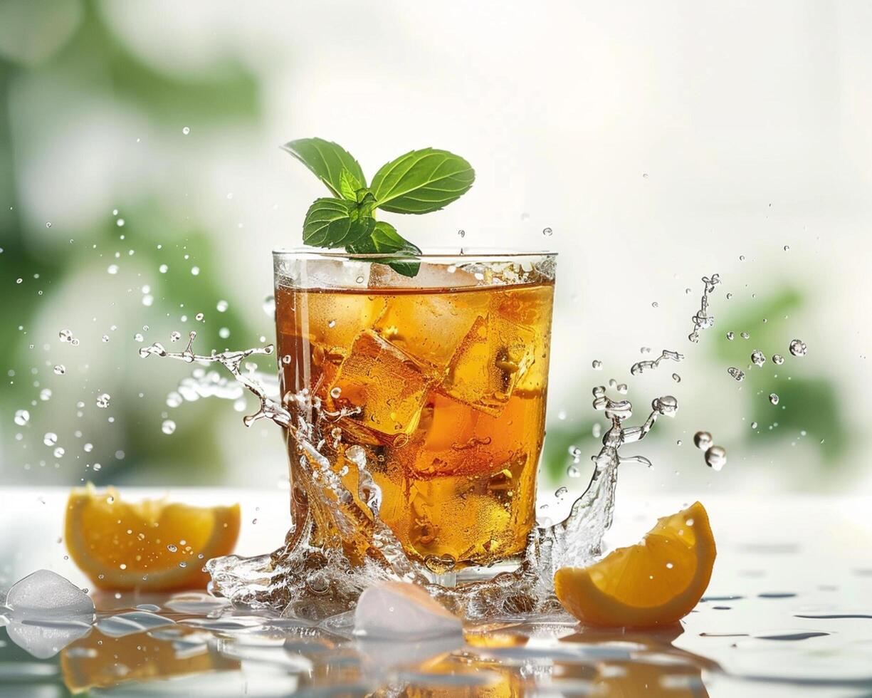 an iced tea with lemon slices and ice photo