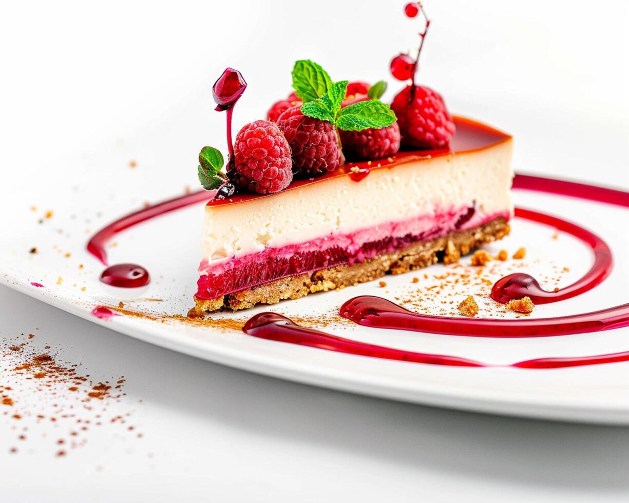 a piece of cheesecake with raspberry sauce on a white plate photo