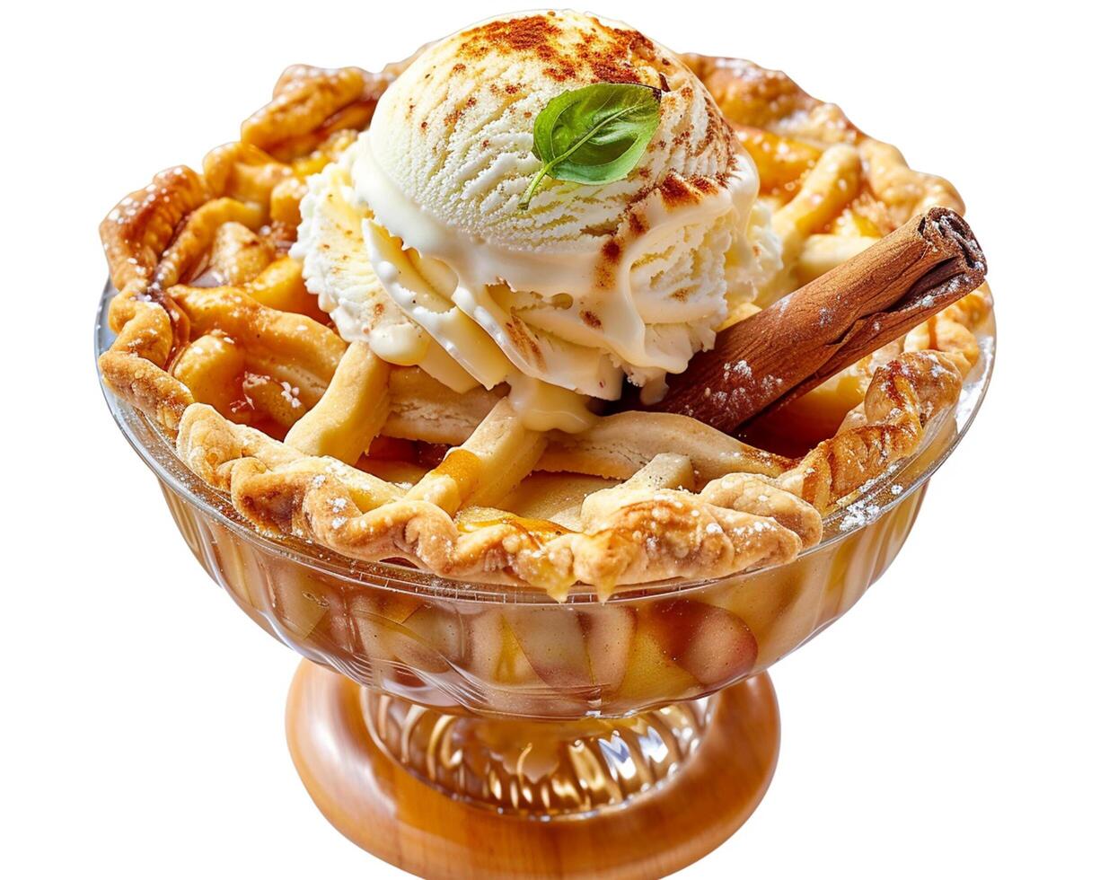 an apple pie with ice cream and cinnamon sticks photo