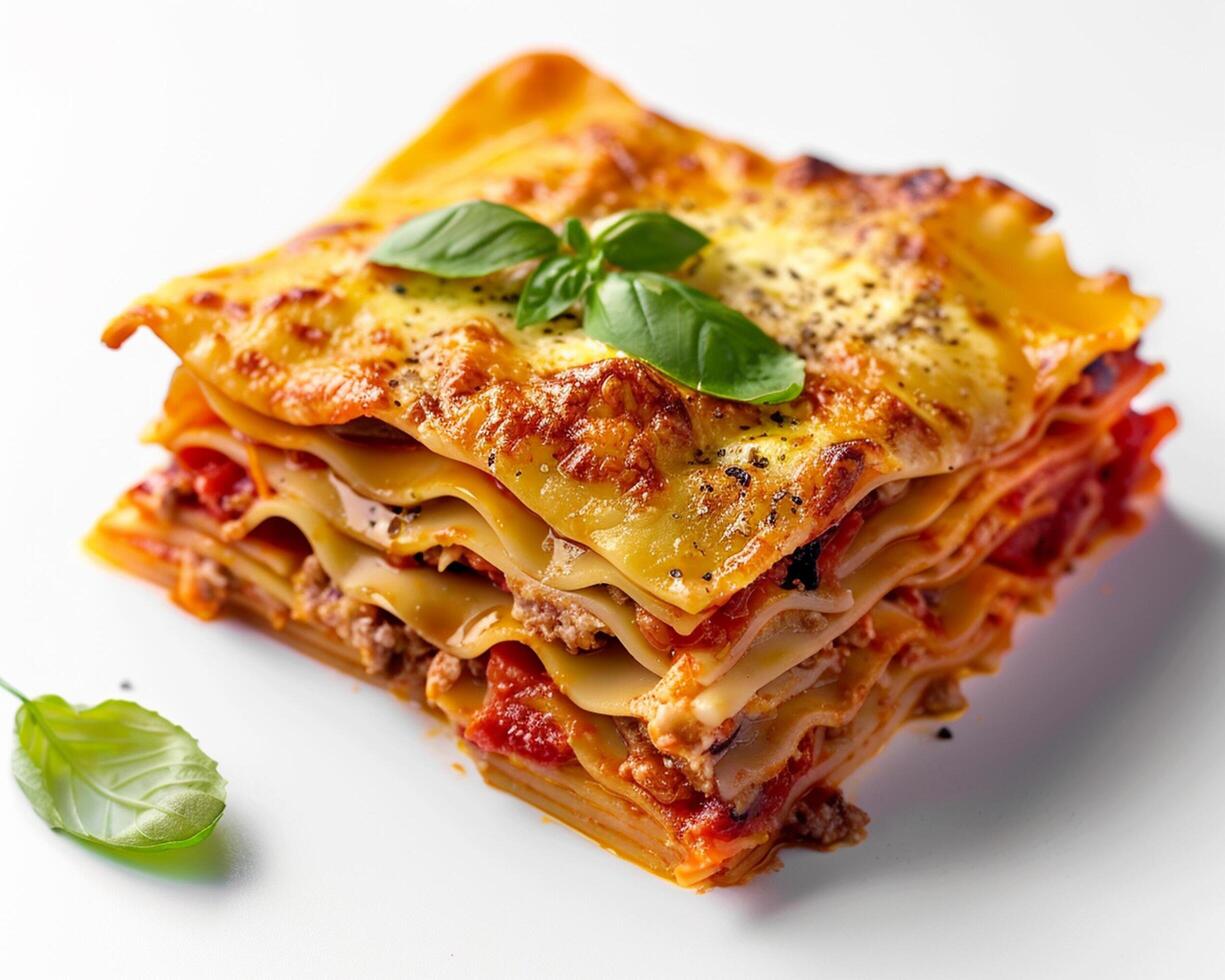 a piece of lasagna with meat and cheese photo
