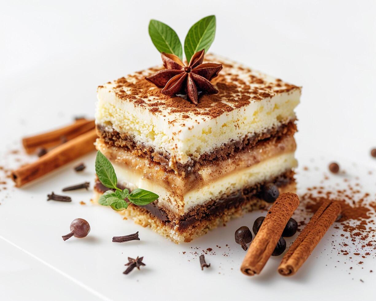 Piece of Cake with Cinnamon, Cinnamon Sticks, and Spices photo