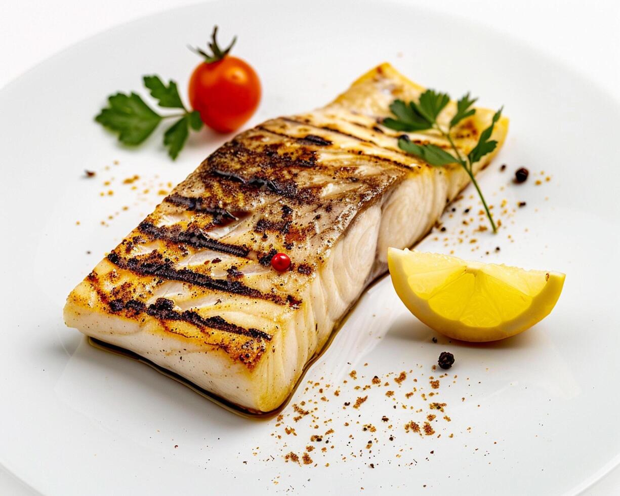 Grilled fish on a white plate with lemon and herbs photo