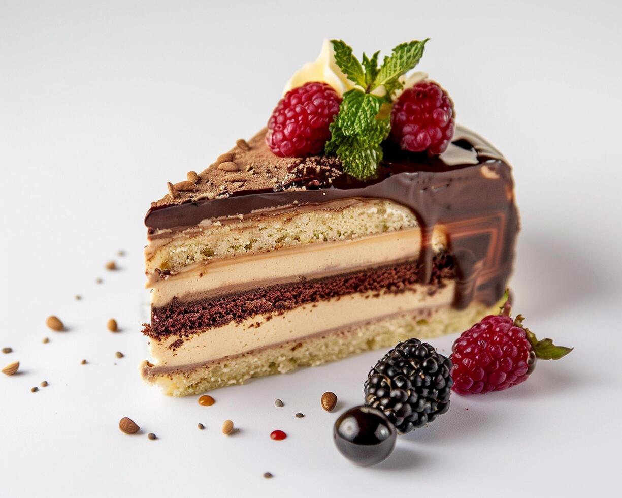 a piece of cake with chocolate frosting and raspberries photo