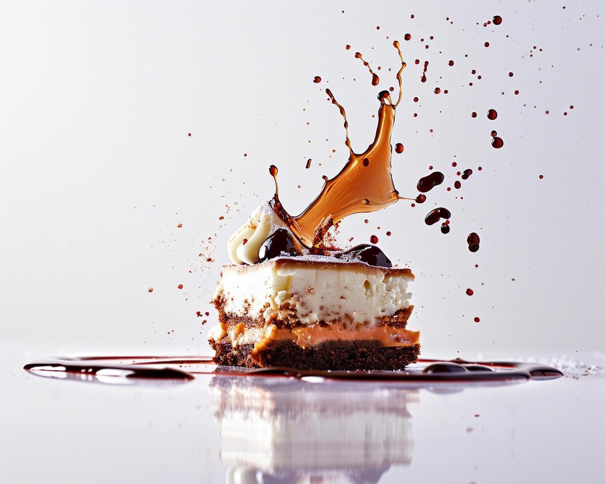 A piece of cake with a splash of chocolate and a splash of water photo