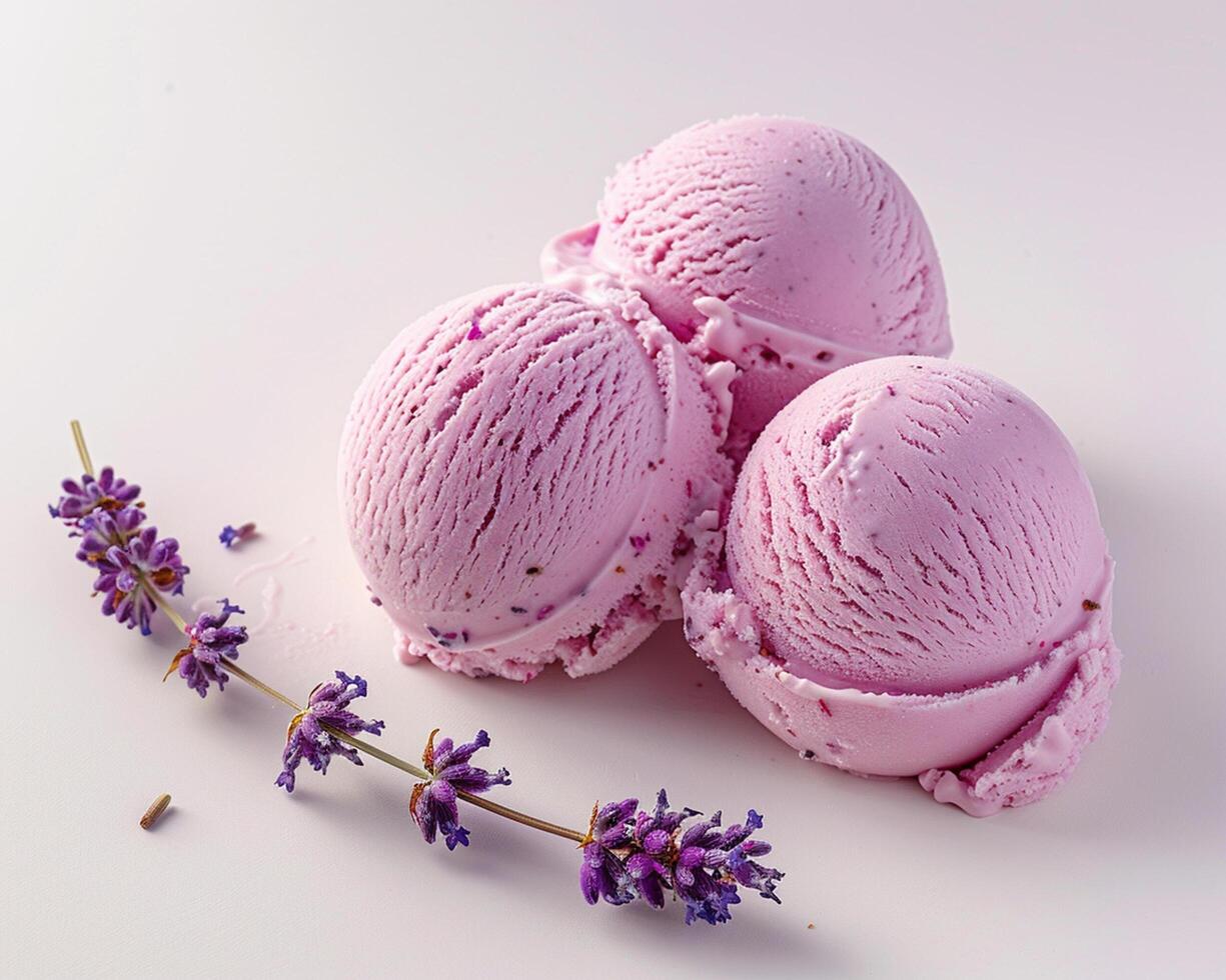 Three scoops of ice cream with lavender photo
