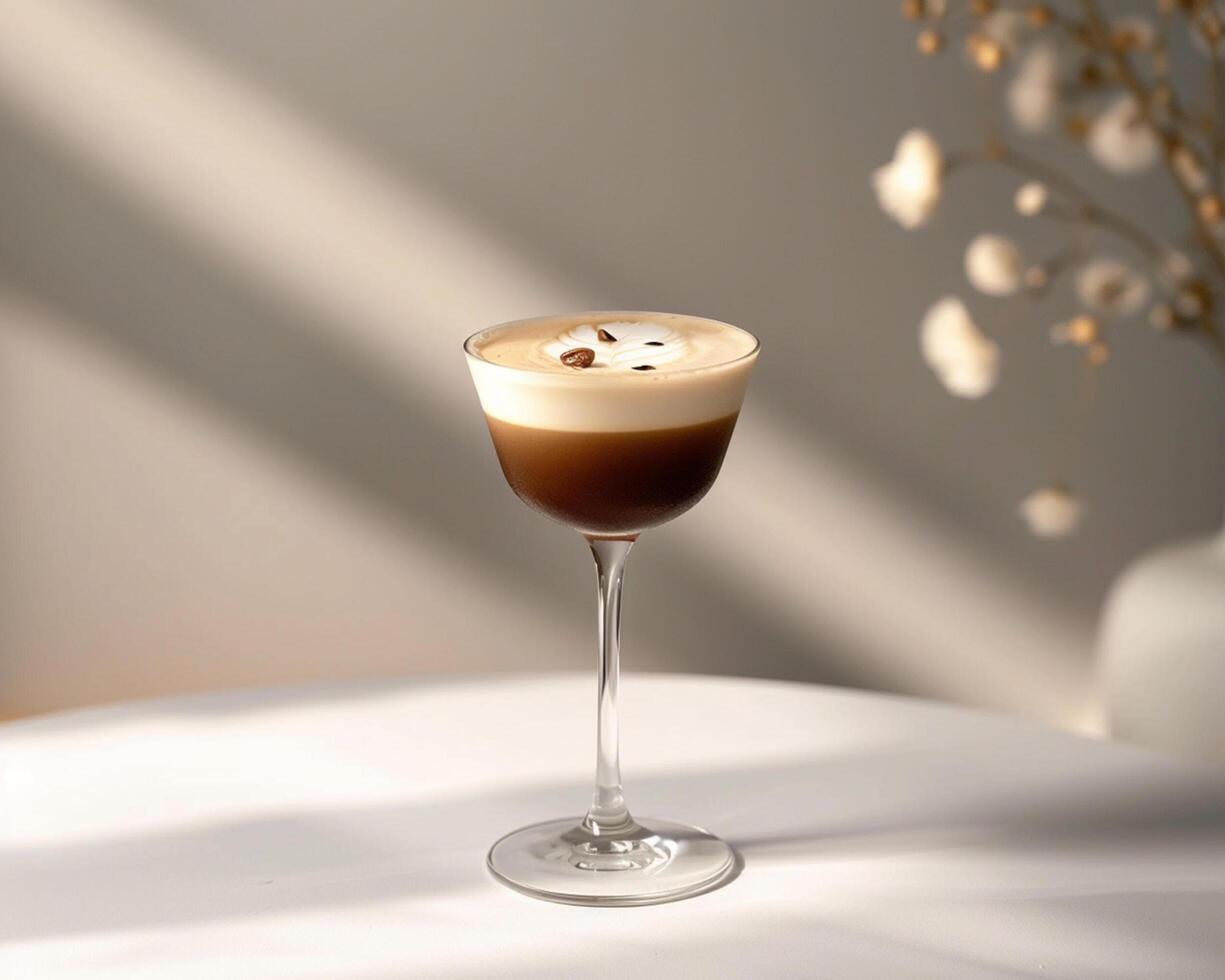a coffee drink in a glass on a table photo