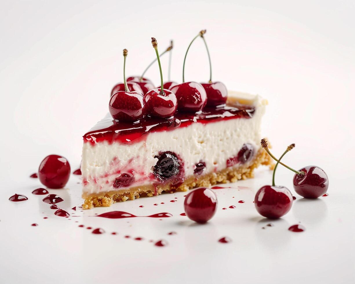a piece of cheesecake with cherries on top photo