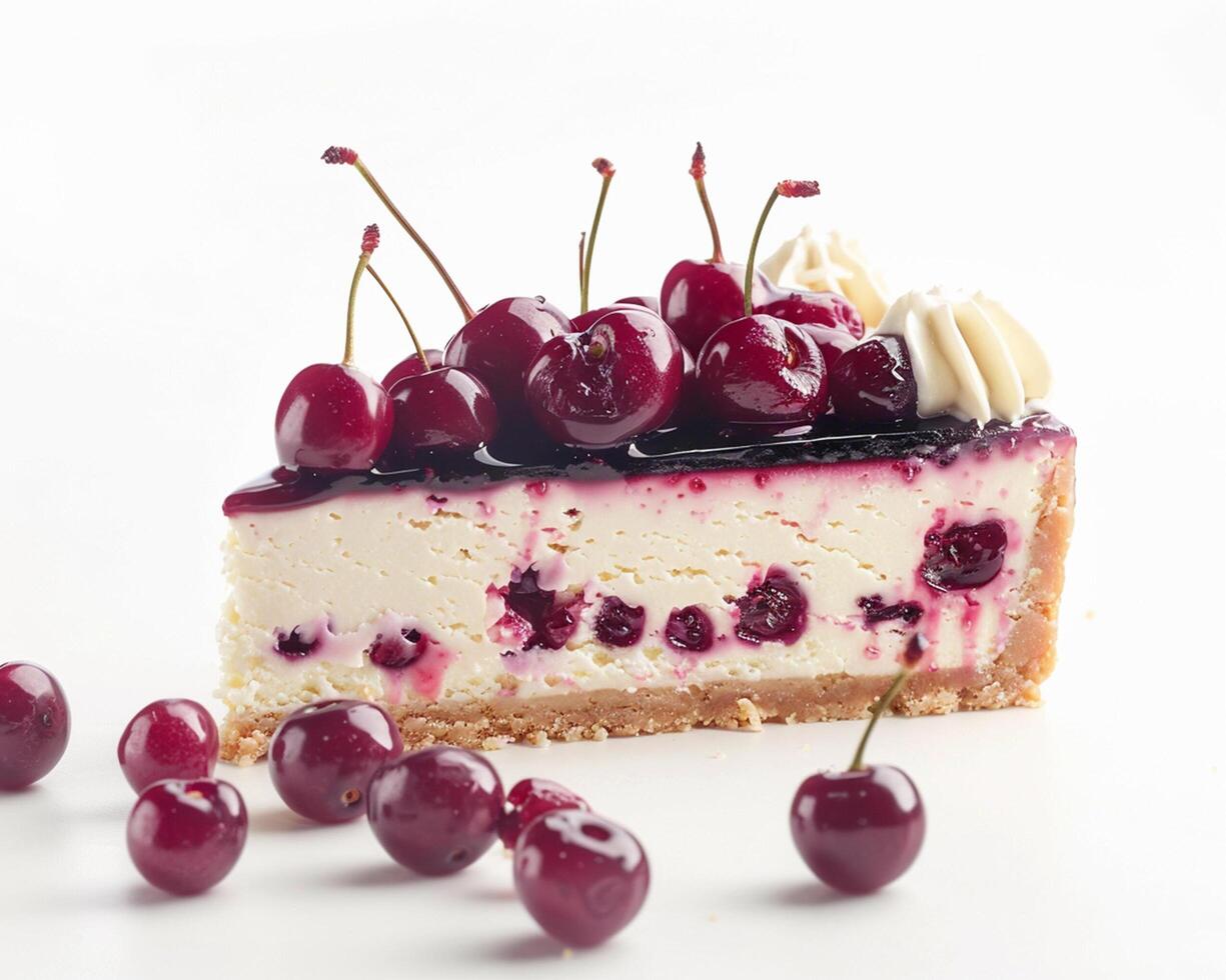a piece of cheesecake with cherries on top photo