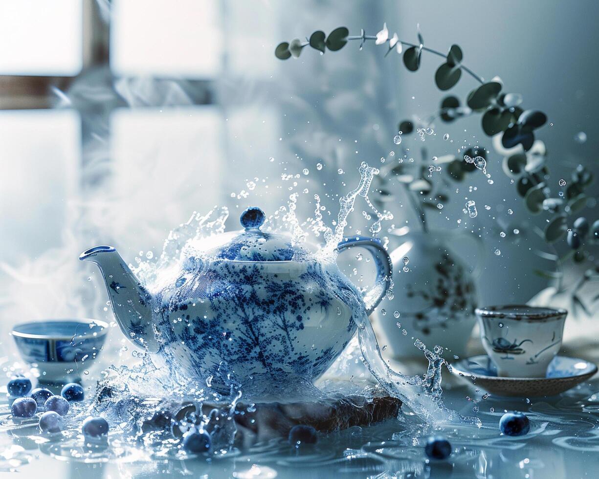 a blue and white teapot with blueberries on it photo