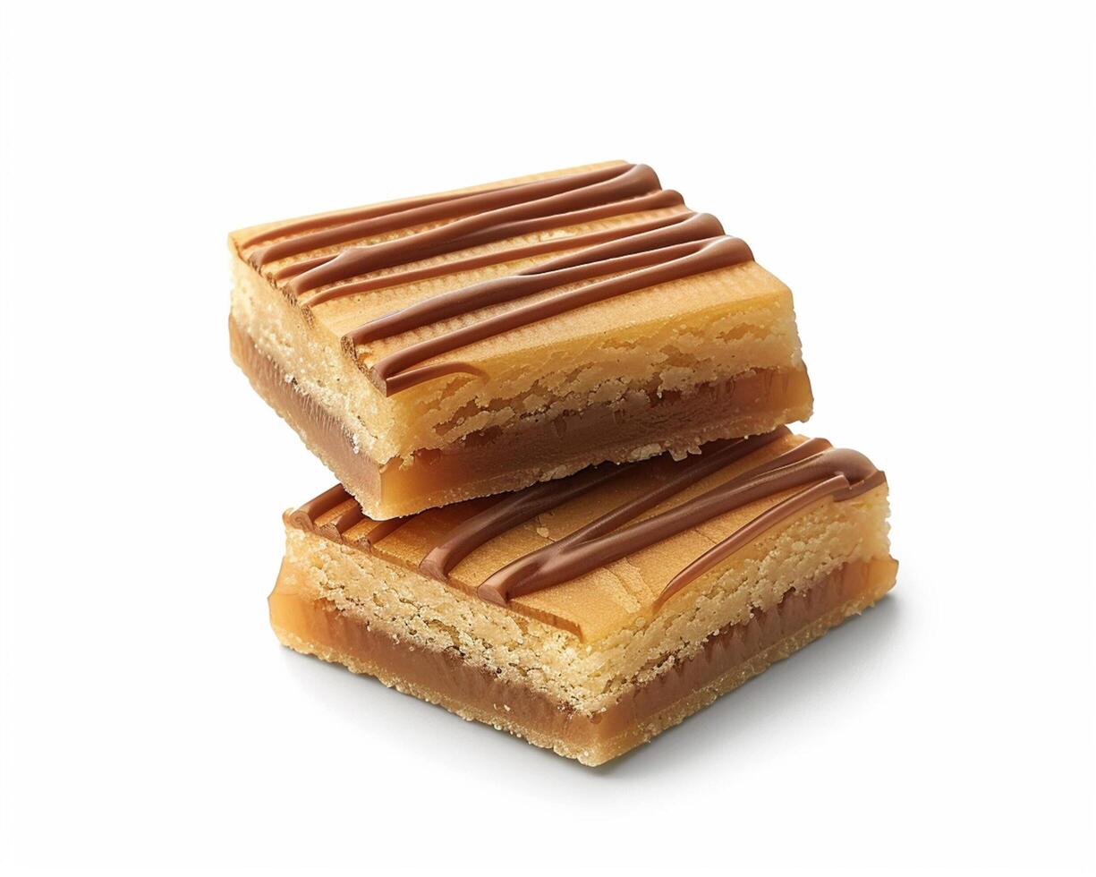 Two Pieces of Caramel Bars with Chocolate Drizzle photo