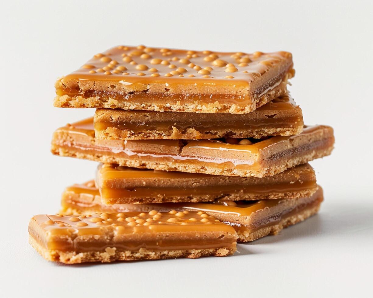 a stack of caramel bars on a white surface photo