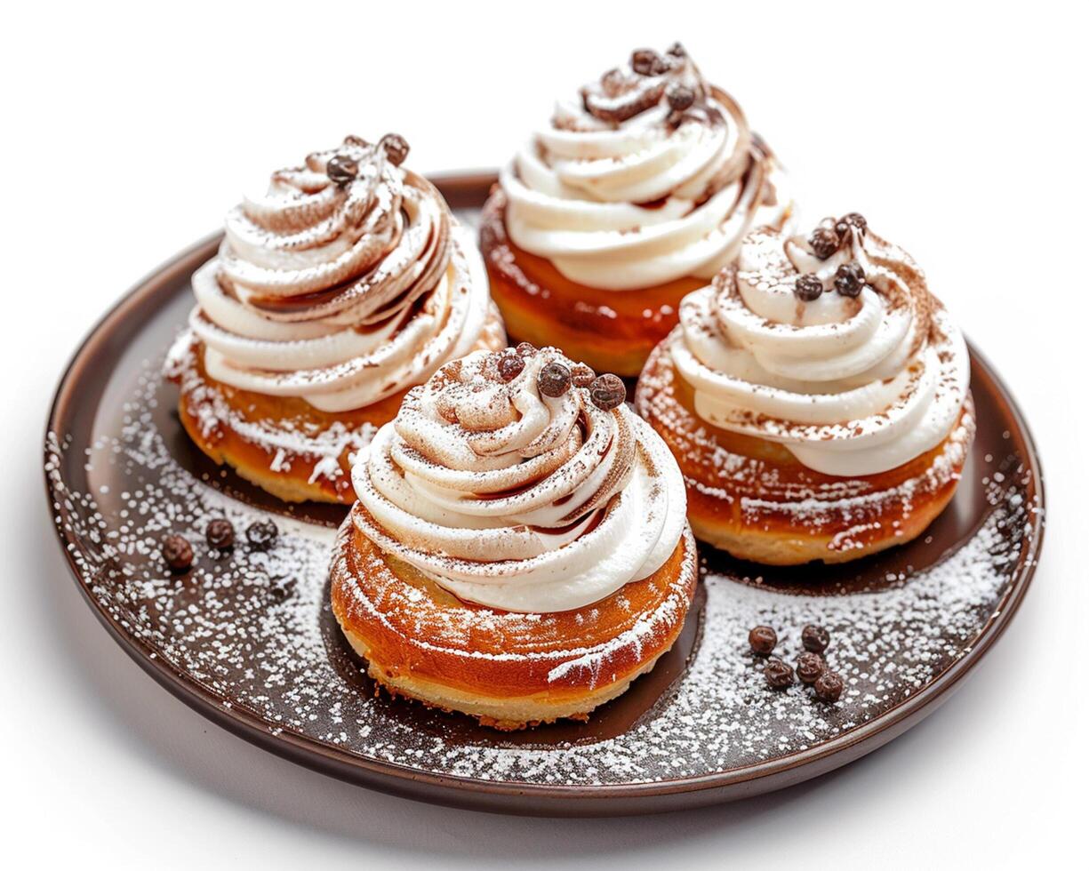 four donuts with whipped cream and chocolate chips on a plate photo
