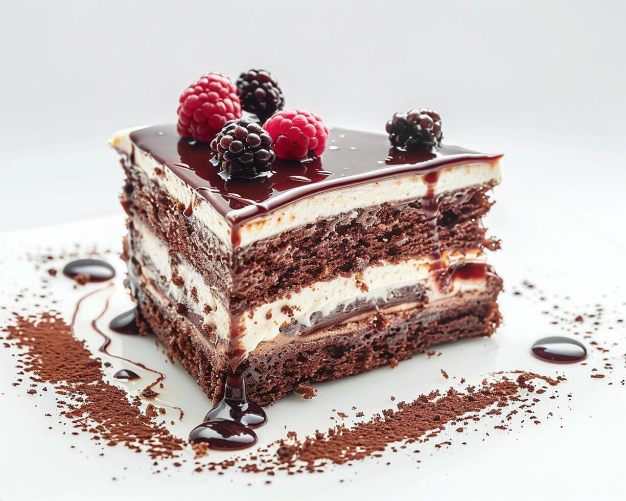 a piece of chocolate cake with berries and chocolate sauce photo