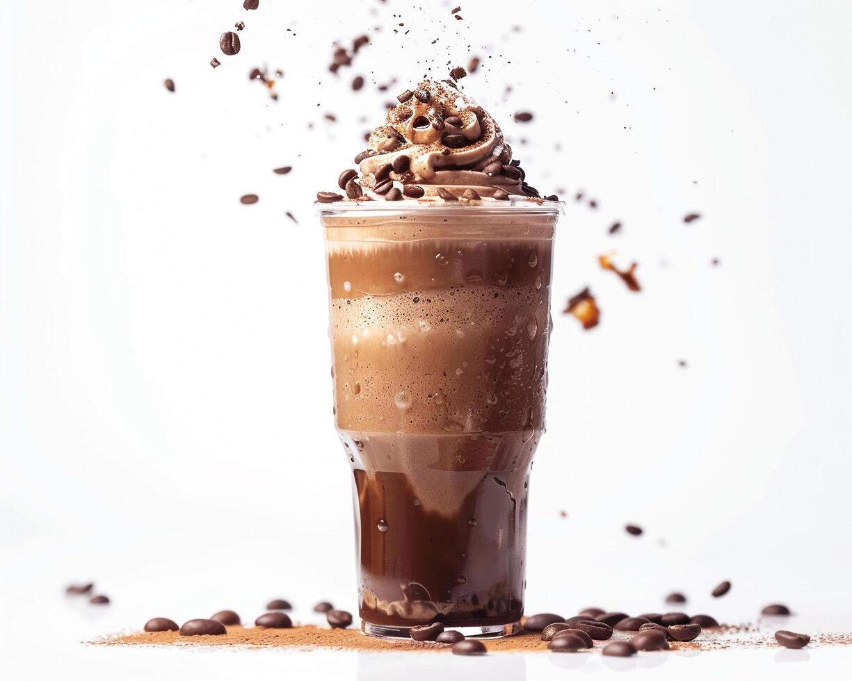 a chocolate milkshake with coffee beans and ice photo