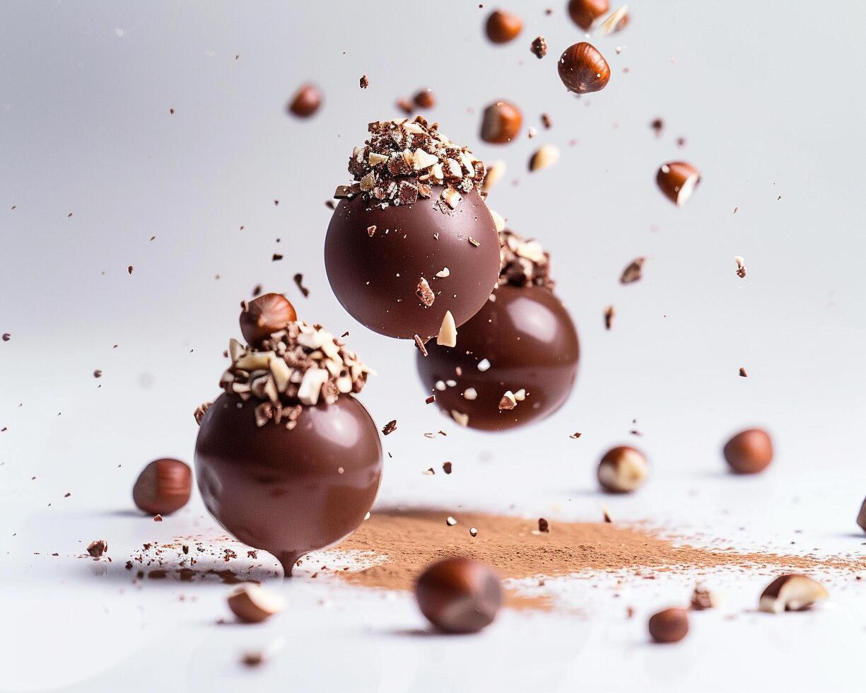 chocolate balls with nuts falling from the air photo