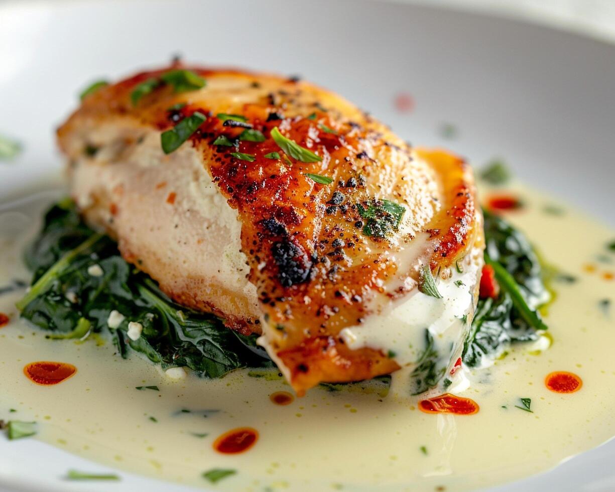 a plate of food with a chicken breast on top photo