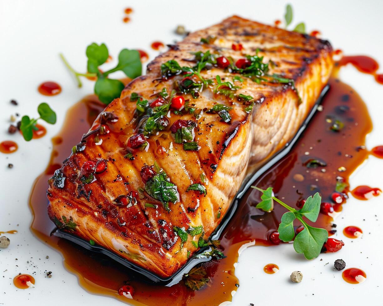 a piece of salmon with sauce and garnish photo
