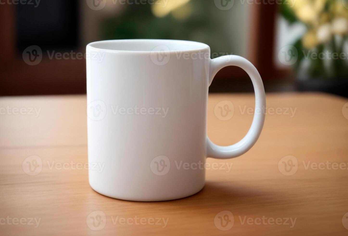 Blank white mug on wooden table. Template mockup photo