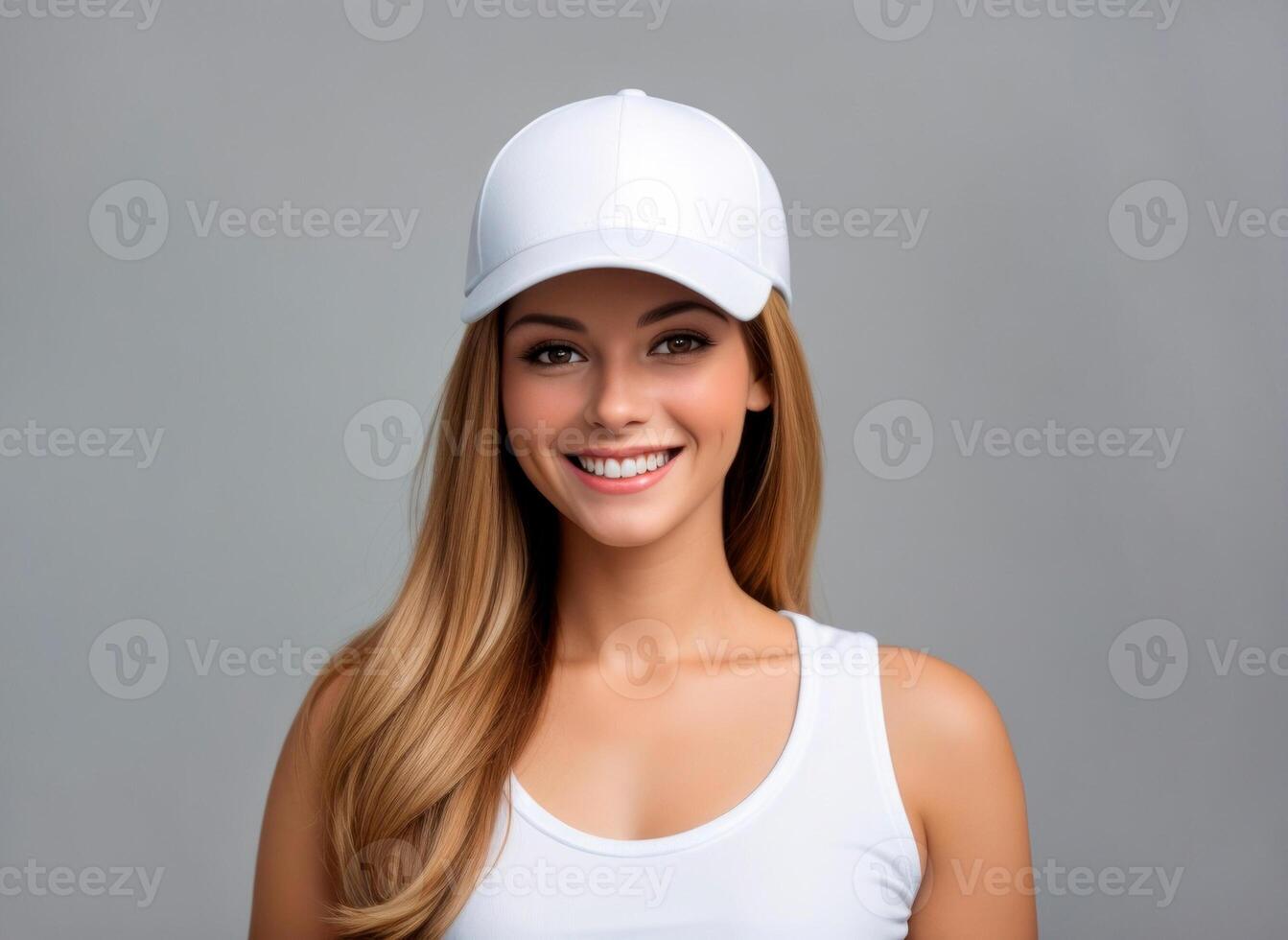 Happy young woman wearing a blank white baseball cap isolated on gray background photo