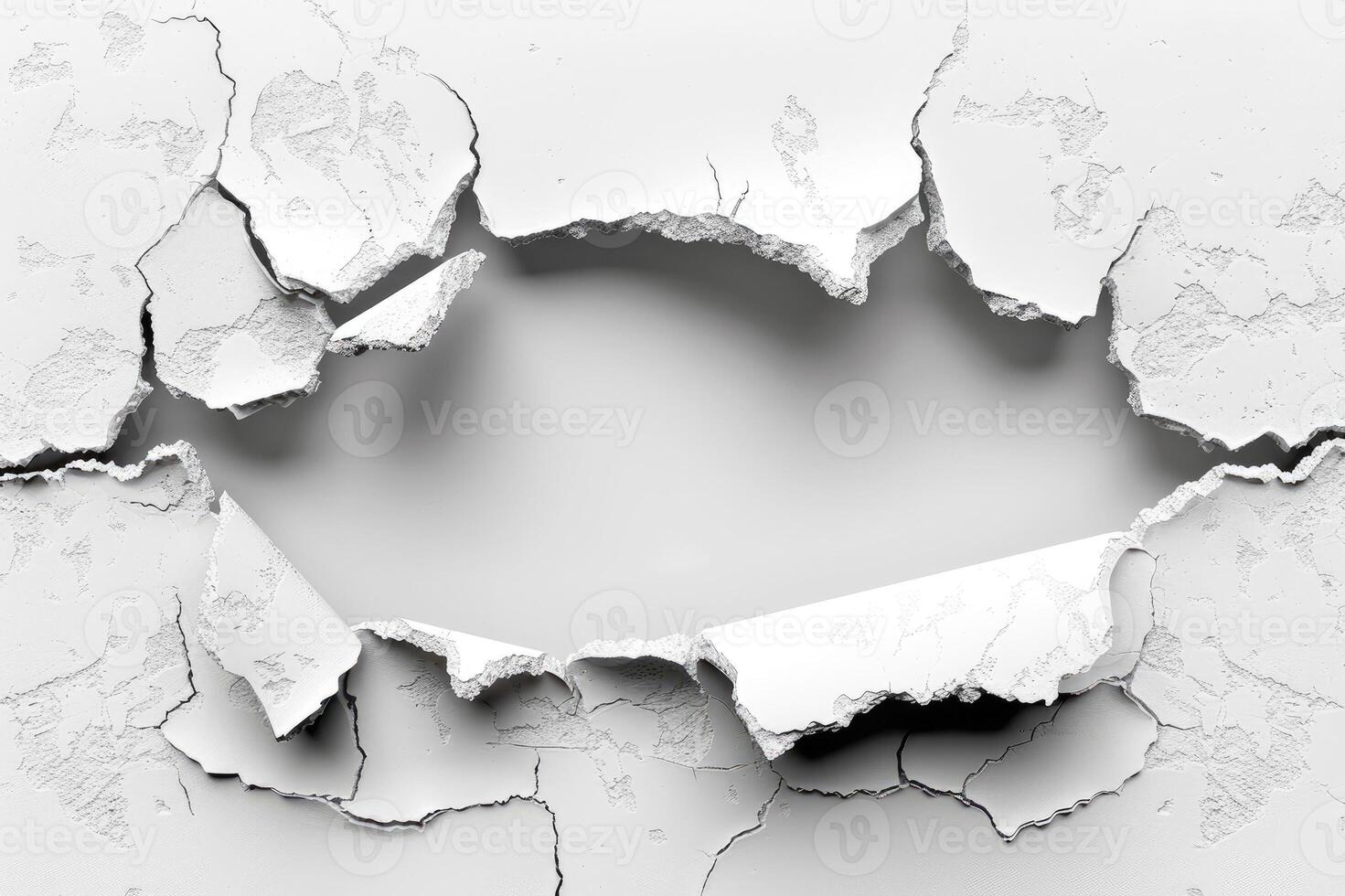 Cracked wall with large opening revealing inner cleft and rough texture photo