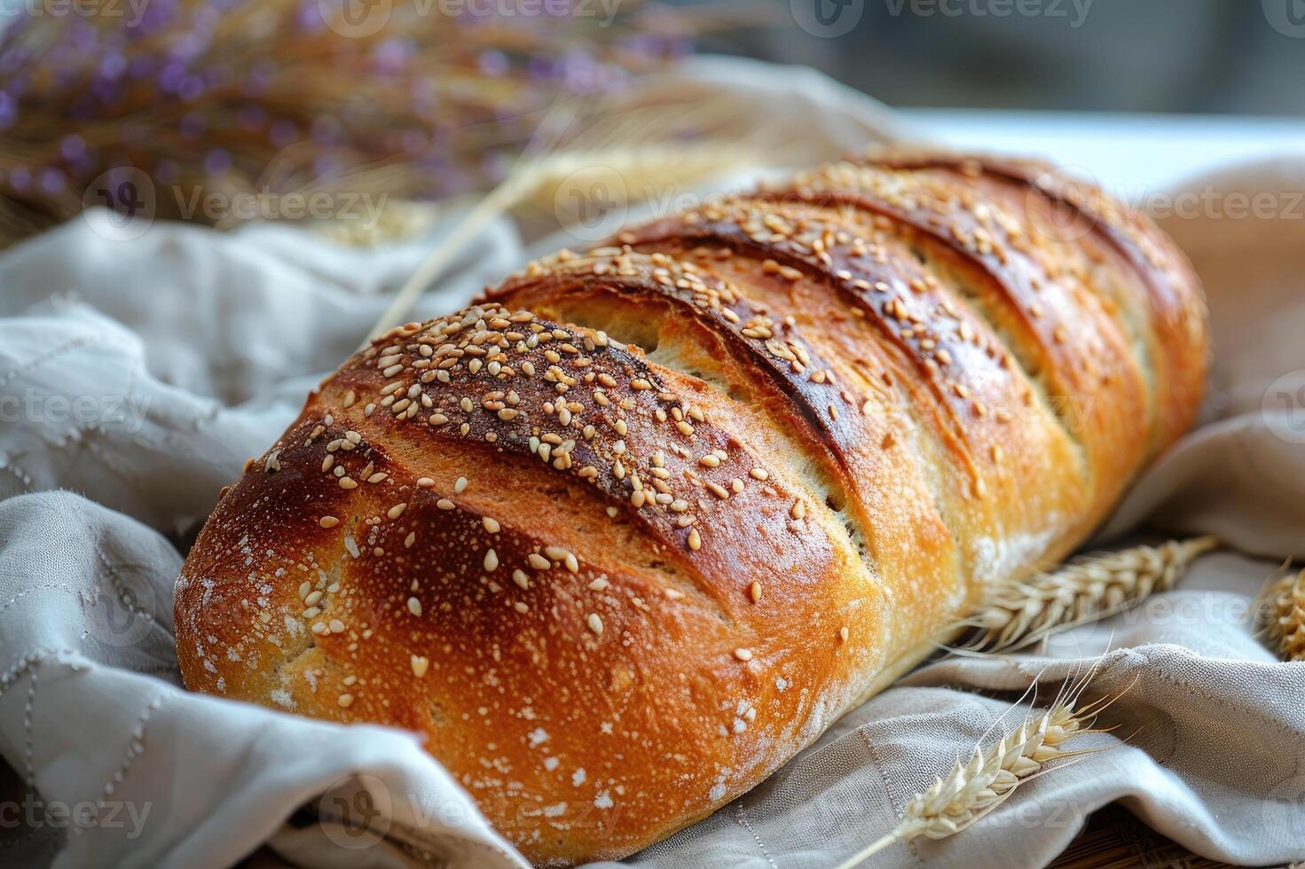 Close-up of a freshly baked bread on a rustic setting photo