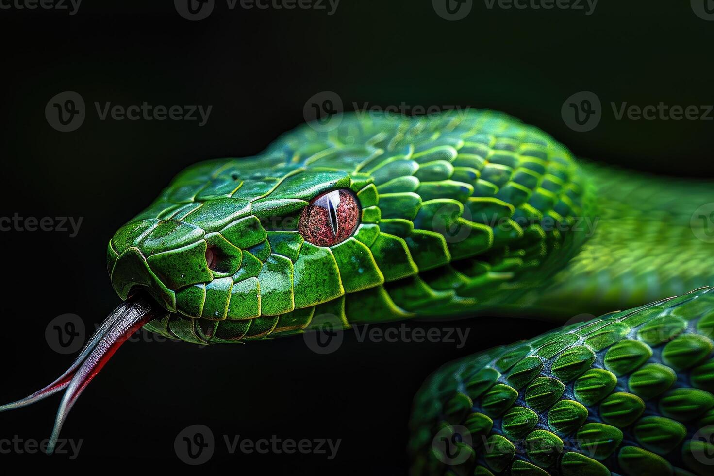 Close-up of a vibrant green snake with a detailed view of its scales, eye, and forked red tongue photo