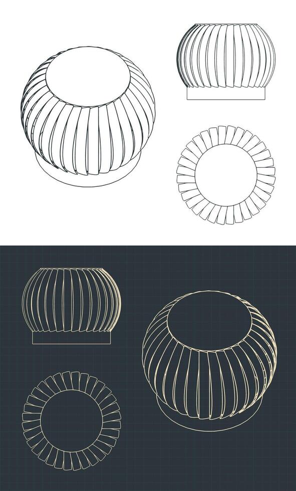 Rooftop wind turbine air ventilator blueprints vector