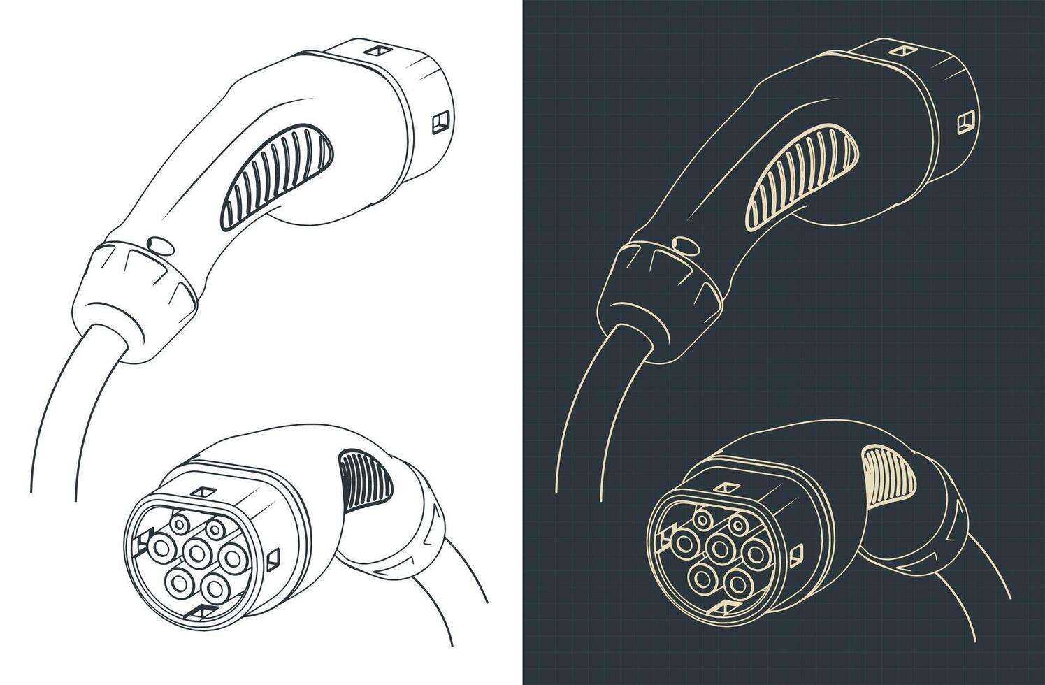 EV charger type 2 plug blueprints vector