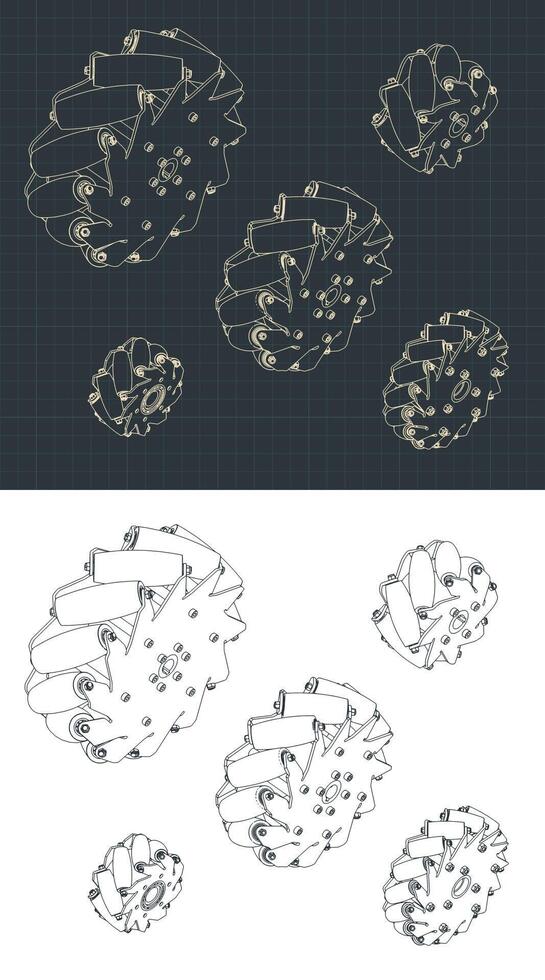 Mecanum wheel isometric drawings Set vector