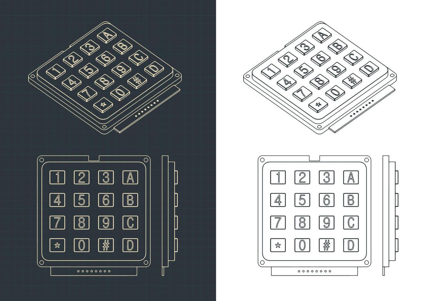 Numeric keypad 16 keys drawing vector