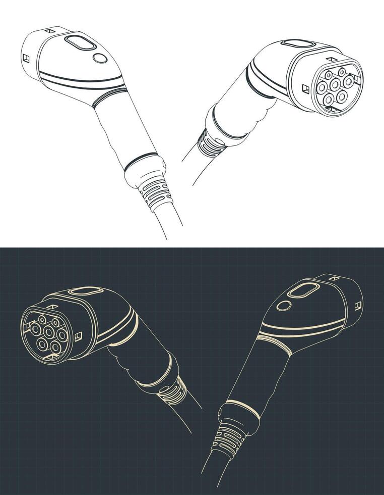 EV charger type 2 plug blueprints illustrations vector