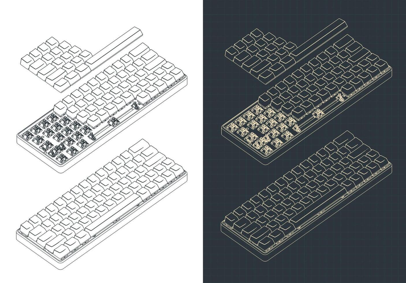 Mechanical keyboard isometric drawings vector