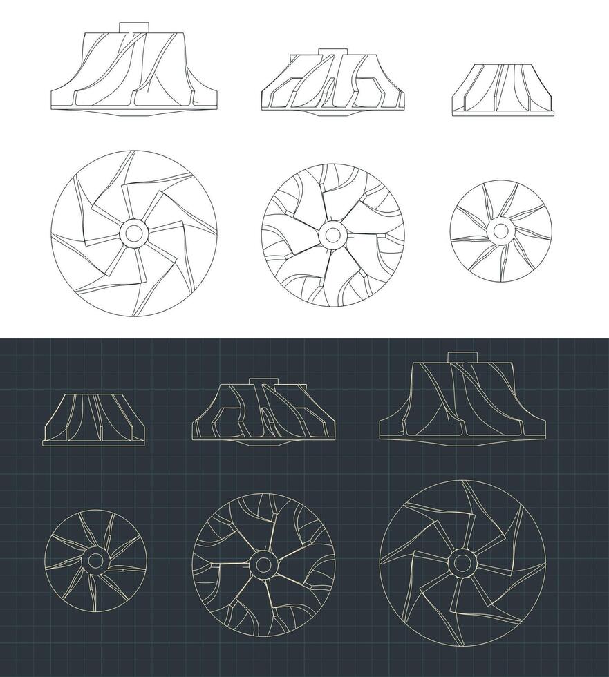 Turbine impellers blueprints Set vector