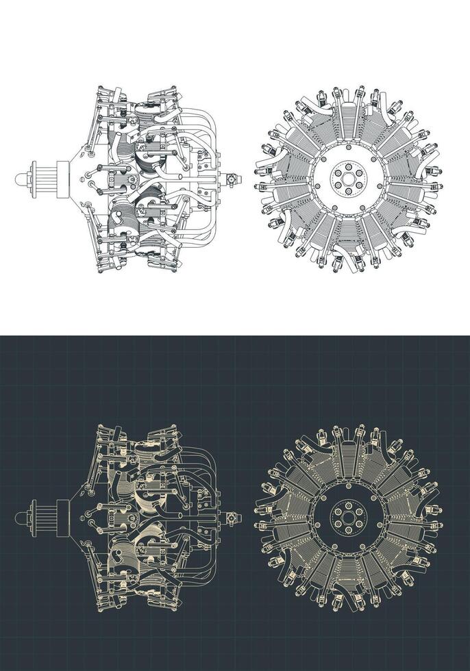 Aircraft radial engine blueprints vector