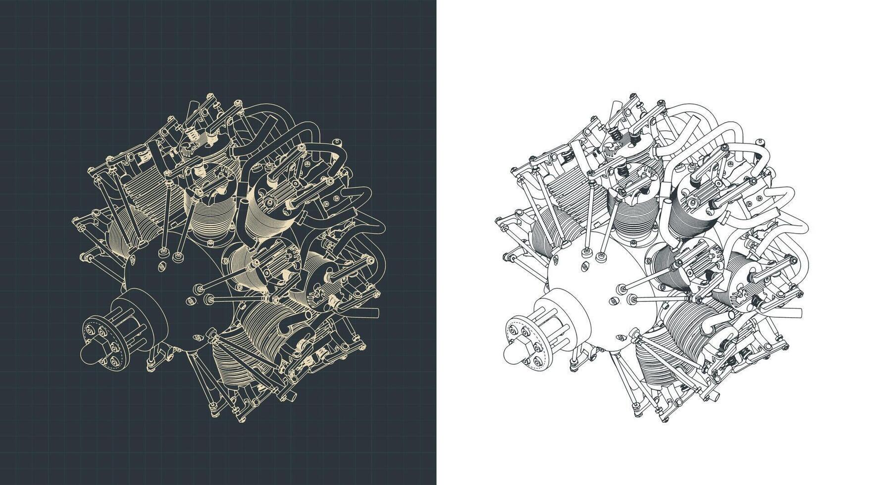 Aircraft radial engine isometric drawing vector