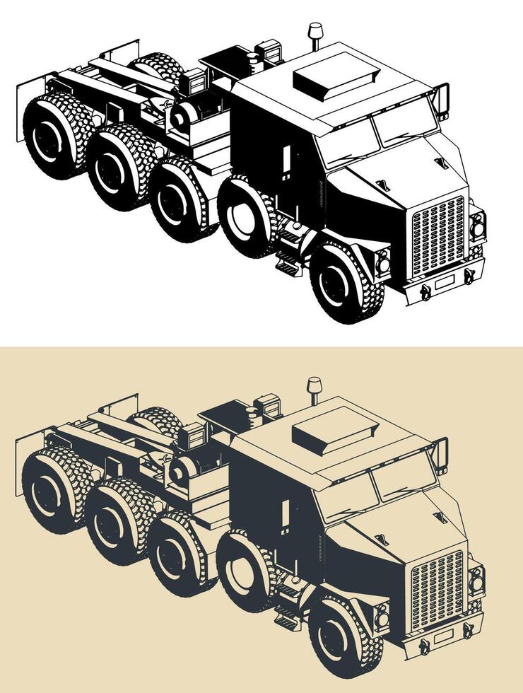 Heavy equipment transporter isometric illustrations vector