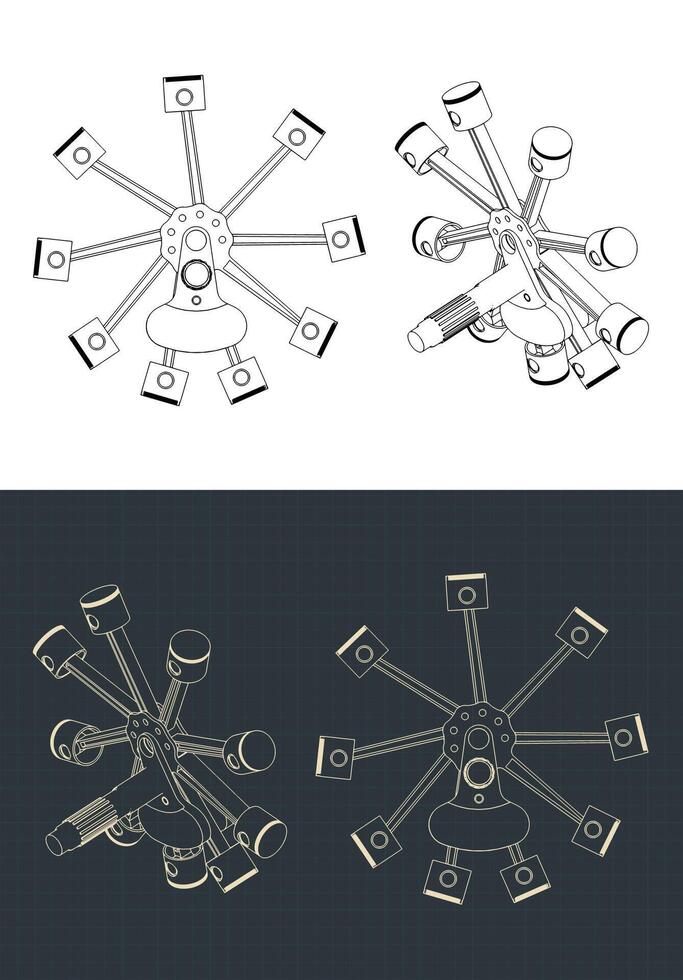 Radial engine pistons drawings vector