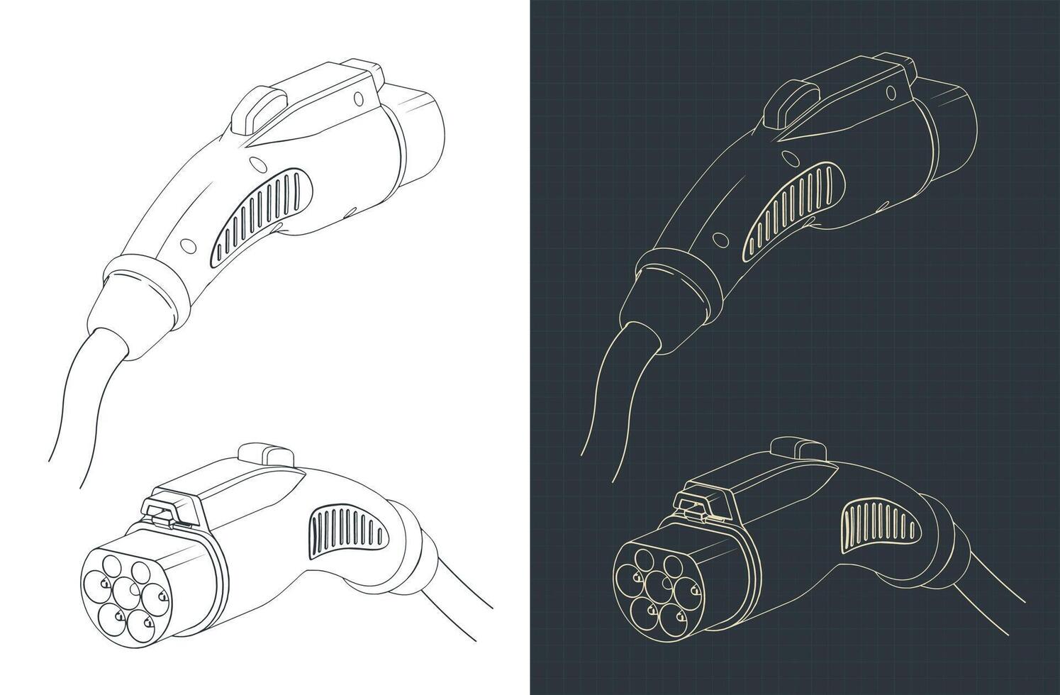 EV charger AC connector blueprints vector